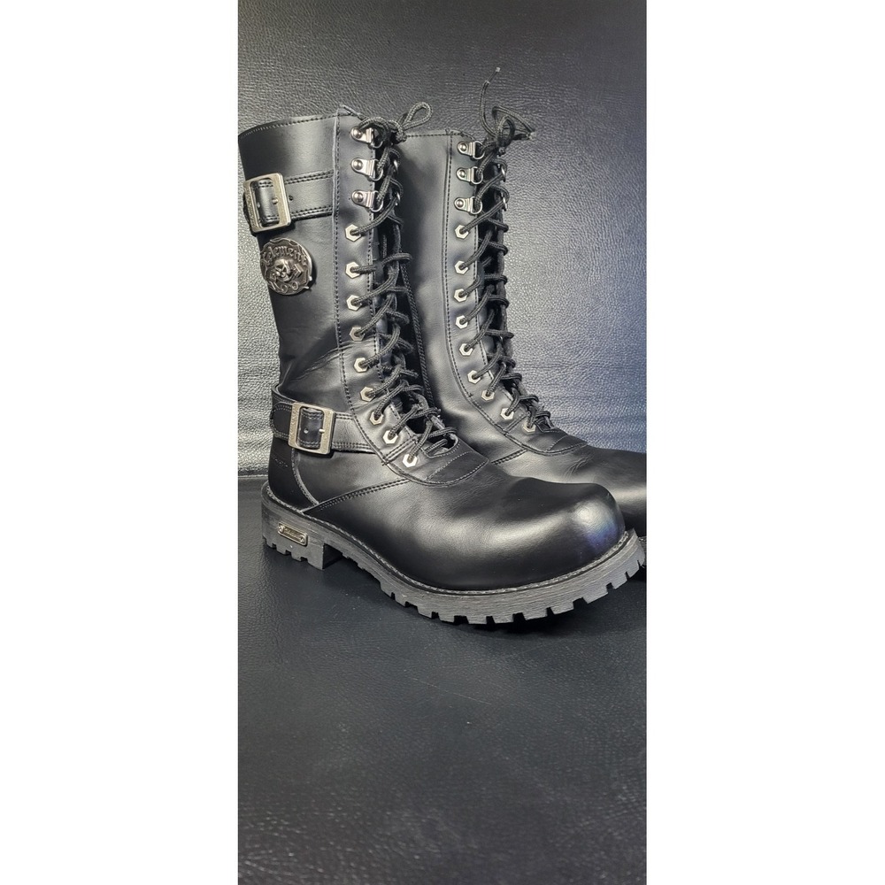 Xelement  Black Motorcycle Biker Boots Men's 11 Leather Belts Hard Toe Chrome